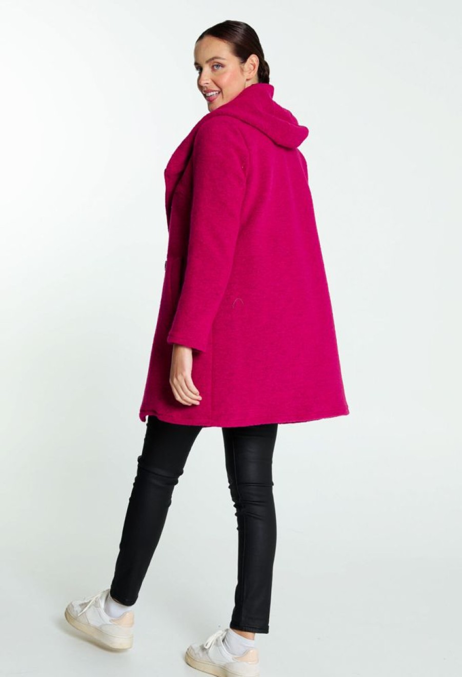 Kleding Cassis | Halflange, Effen Jas Met Dubbele Rij Knopen En Kap Fushia