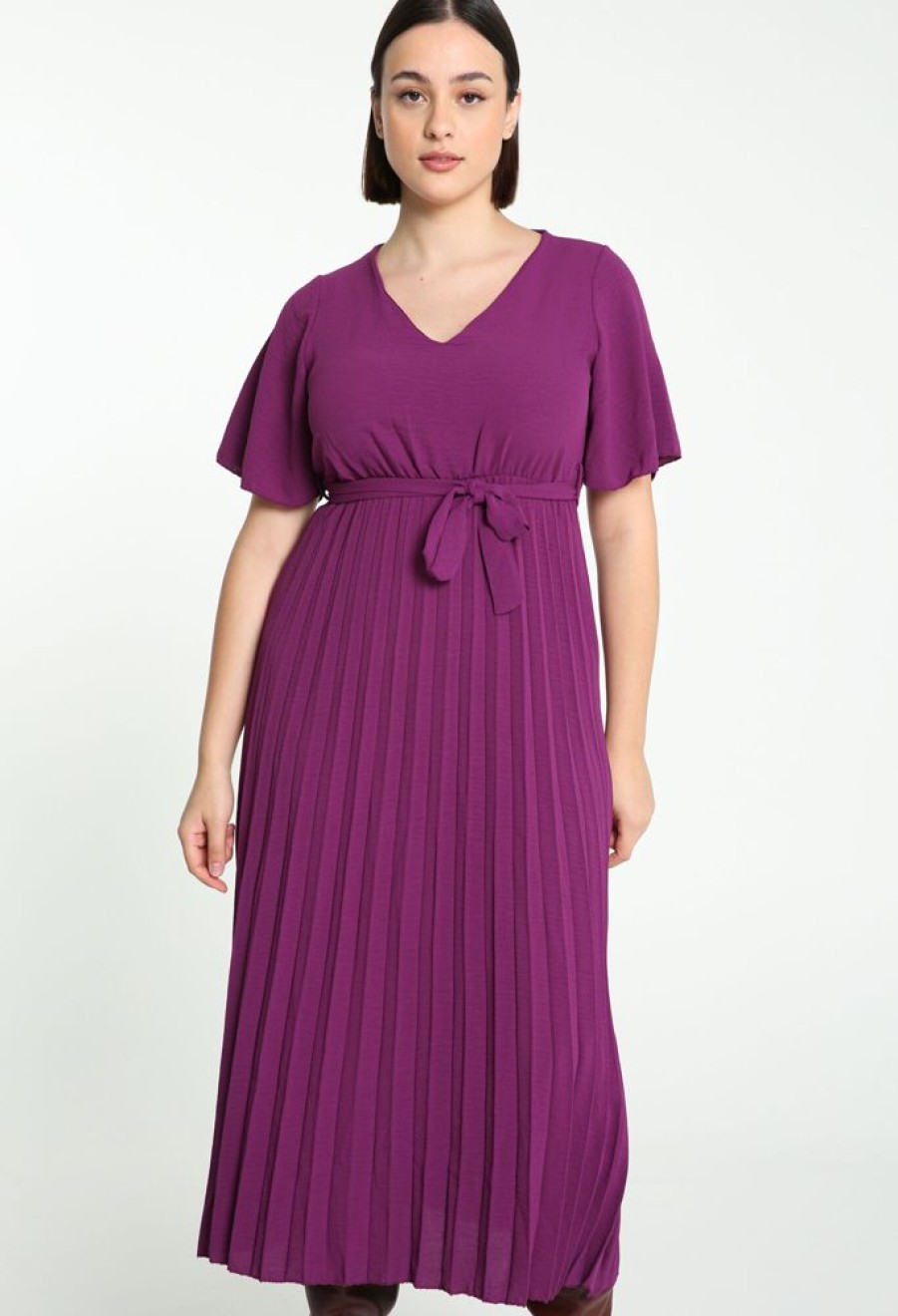 Kleding Cassis | Halflange, Effen Plissejurk Met Riem Violet