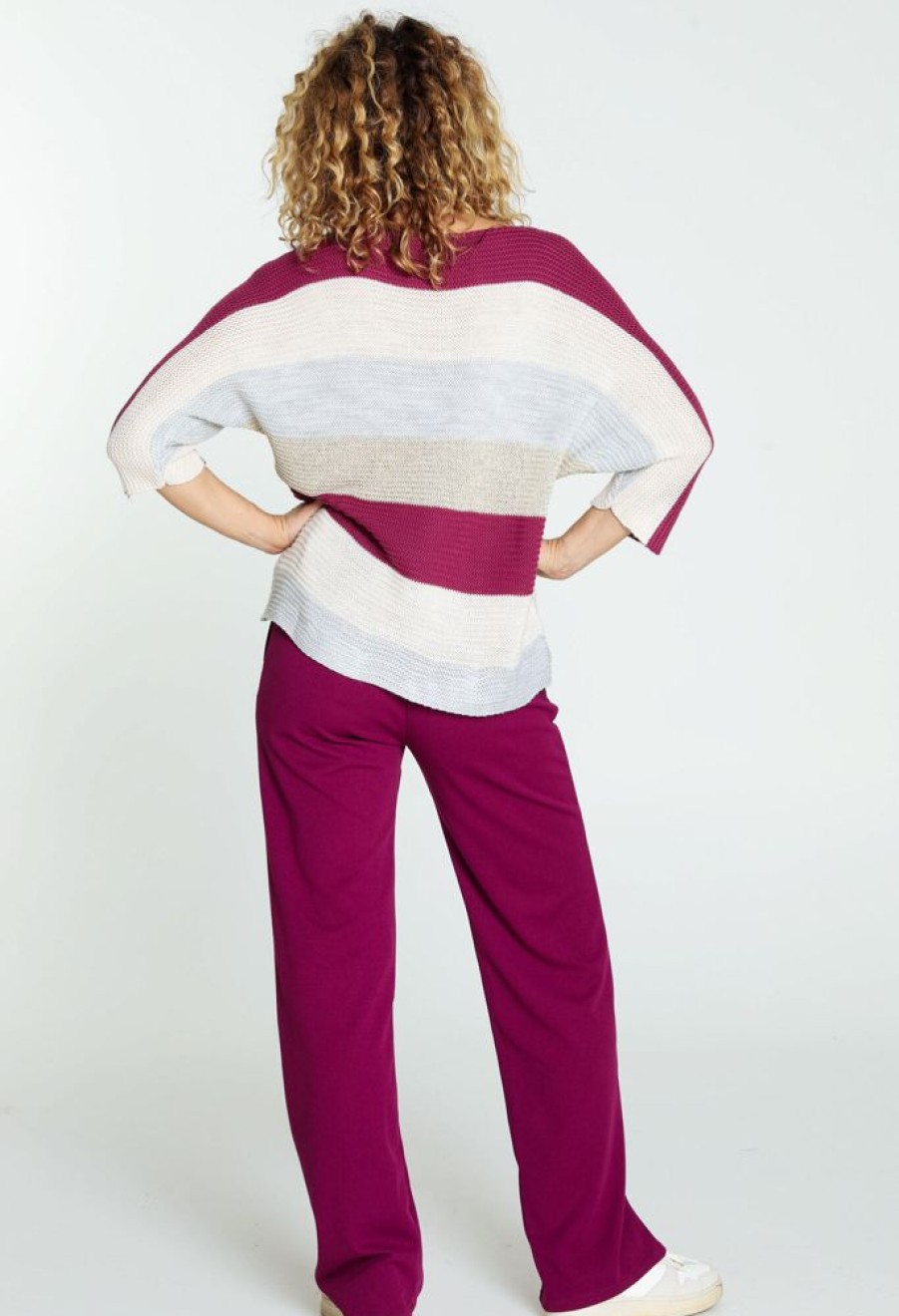 Kleding Cassis | Trui Met Strepen En Boothals Aubergine