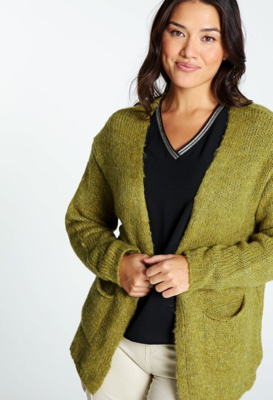 Kleding Cassis | Effen Cardigan In Viscose Met Sjaalkraag En Lurex Pistache