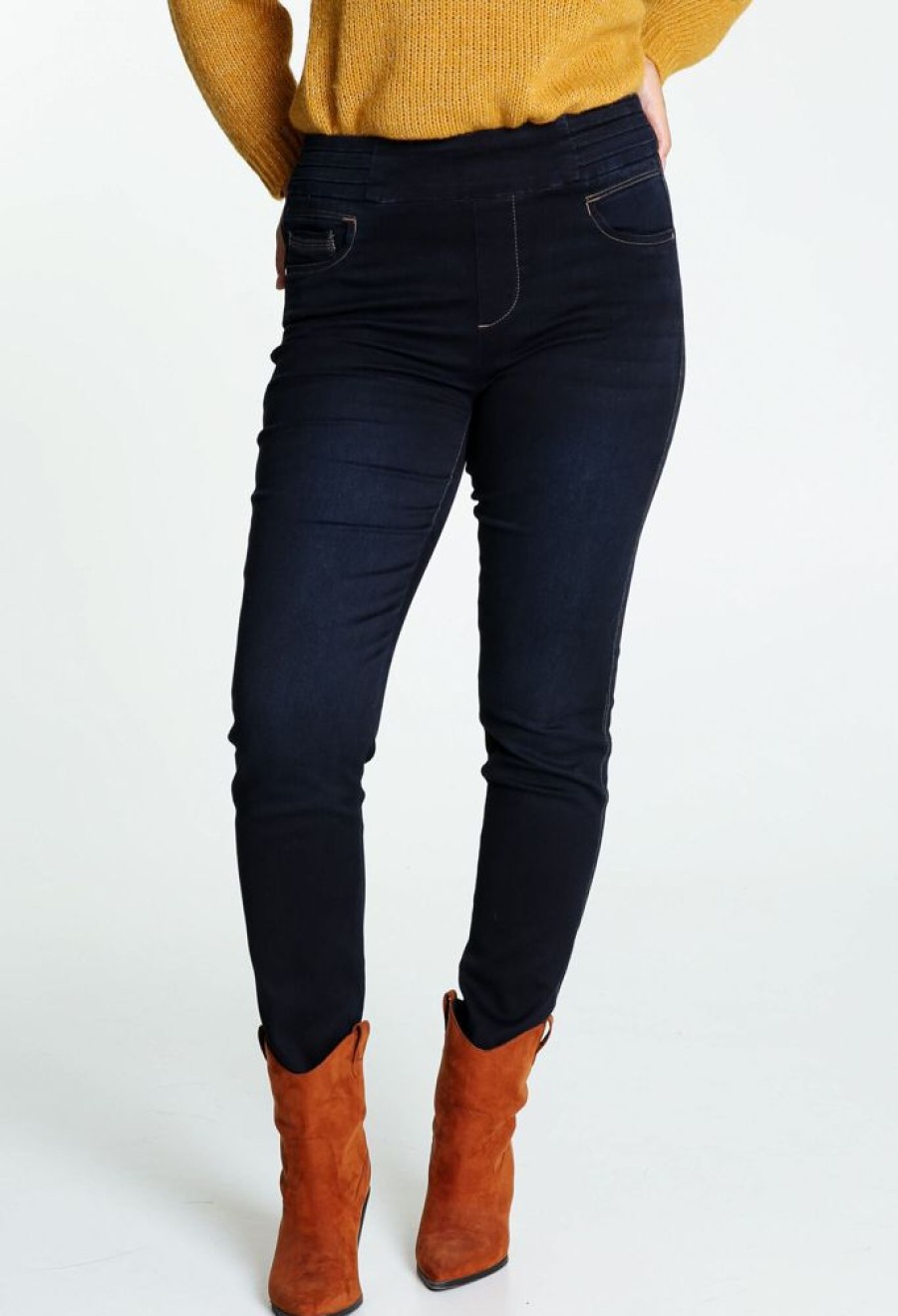 Kleding Cassis | Effen Slim Jeans Met Elastische Taille En Parels Donker Denim