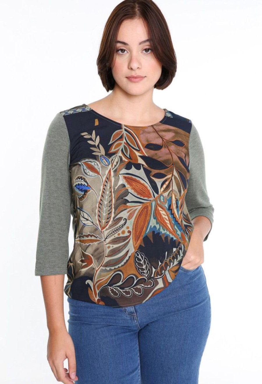 Kleding Cassis | T-Shirt In Viscose Met Bloemenprint Kaki