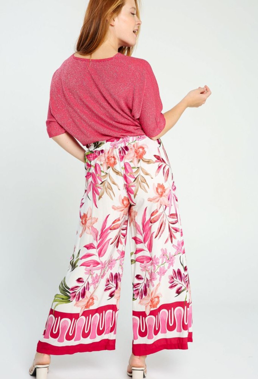 Kleding Cassis | Soepele Broek In Viscose Met Bloemenmotief Roze