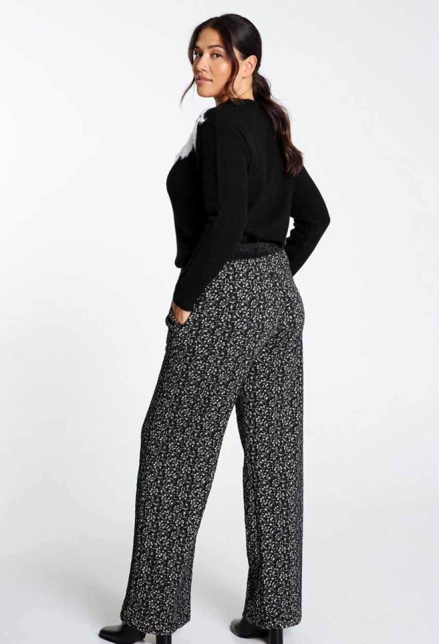 Kleding Cassis | Losse Broek Met Jacquardmotief En Elastische Taille Zwart