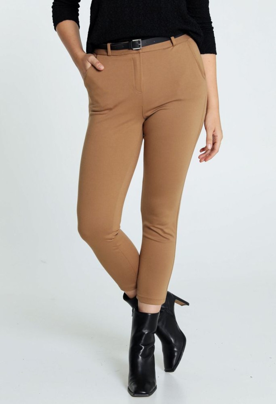 Kleding Cassis | Effen Slim Broek In Viscose Met Riem Camel