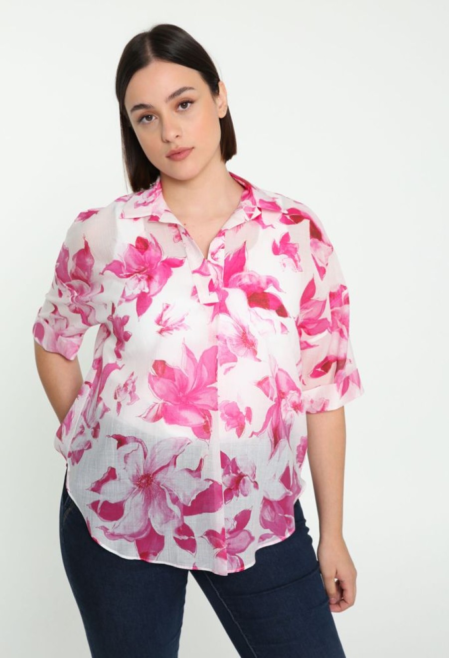 Kleding Cassis | Blouse Met Bloemenprint En Hemdskraag Fushia