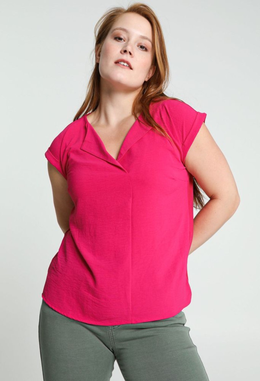 Kleding Cassis | Effen T-Shirt Met Bewerkte Kraag Fushia