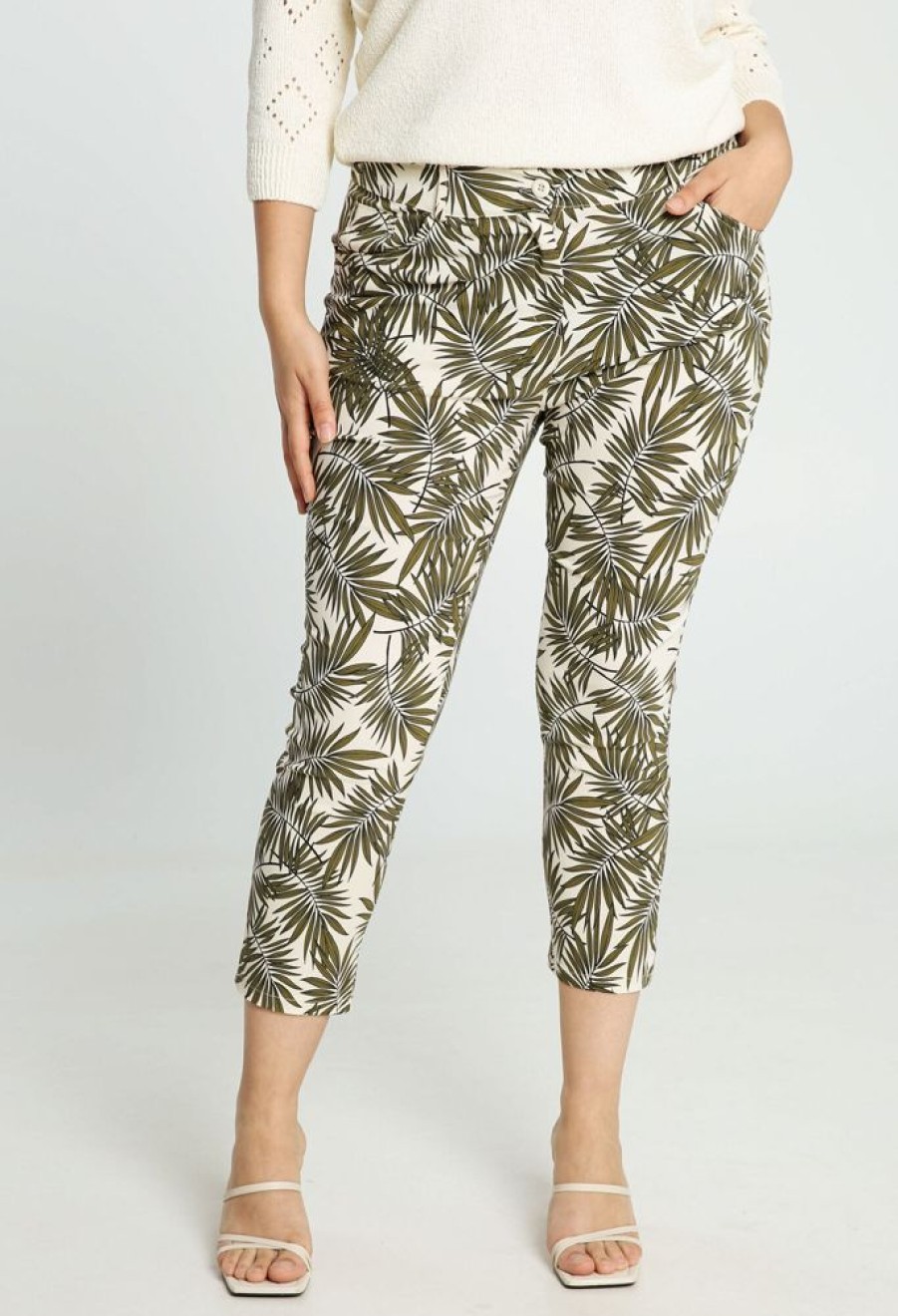 Kleding Cassis | Slim 7/8-Broek In Bengaline Met Palmboommotief Ecru