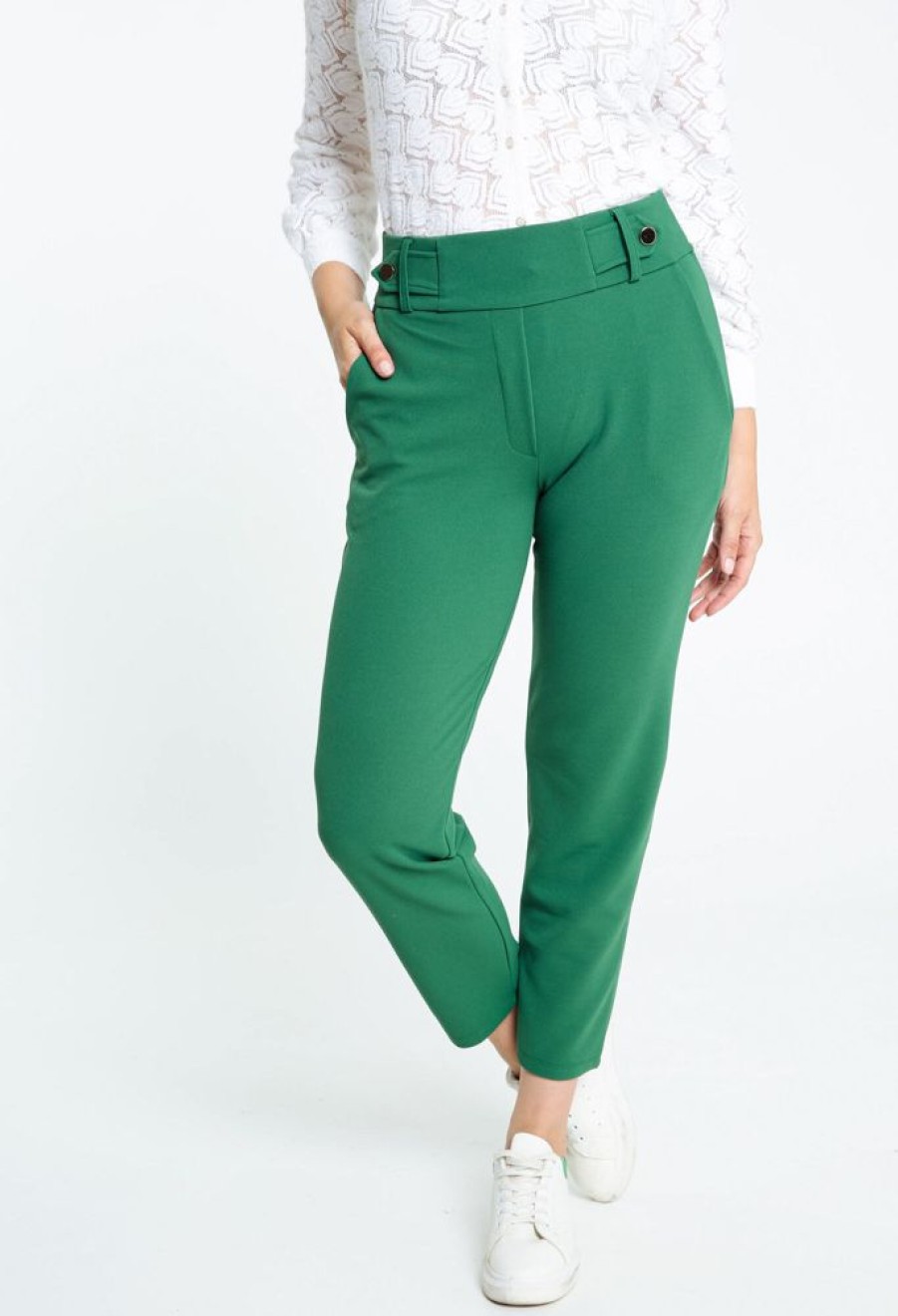 Kleding Cassis | Lange, Effen Broek Met Riem En Gouden Gesp Groen