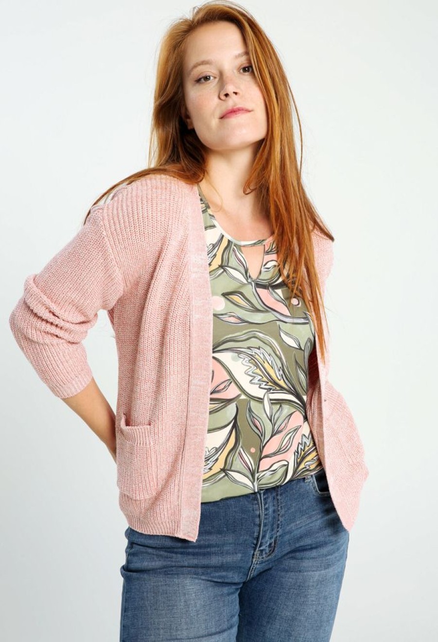 Kleding Cassis | Effen Cardigan Met Zakken Met Mouline Roze