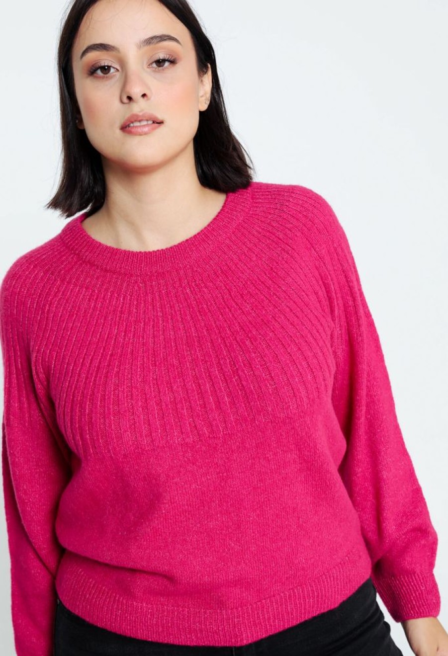 Kleding Cassis | Effen Trui Met Hoge, Ronde Kraag Met Schelpeffect Fushia