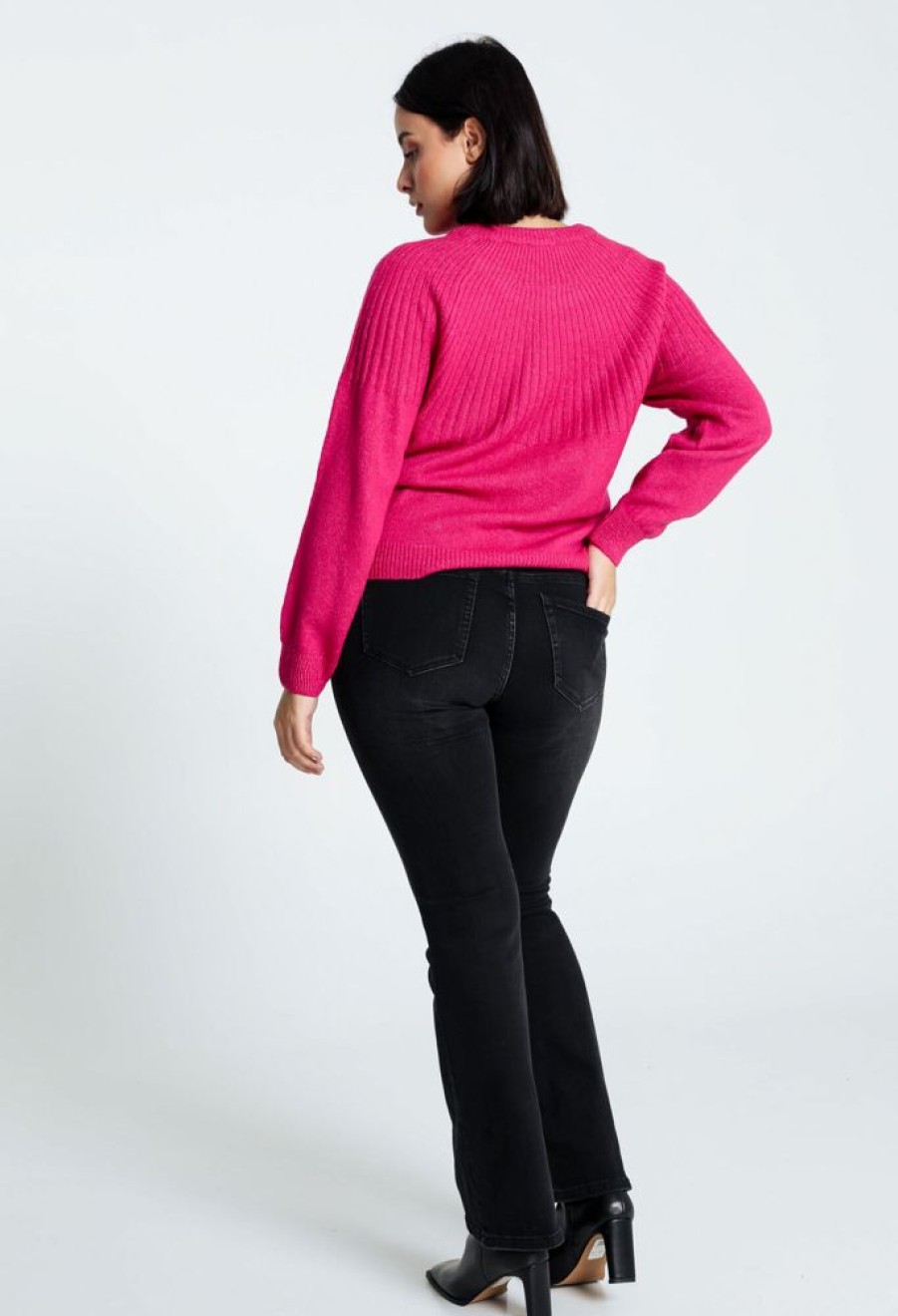 Kleding Cassis | Effen Trui Met Hoge, Ronde Kraag Met Schelpeffect Fushia