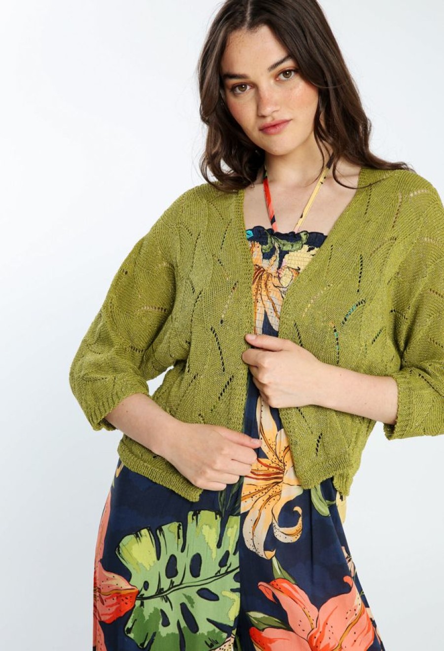 Kleding Cassis | Effen Cardigan In Viscose Met Fantasiesteek En Lurex Pistache