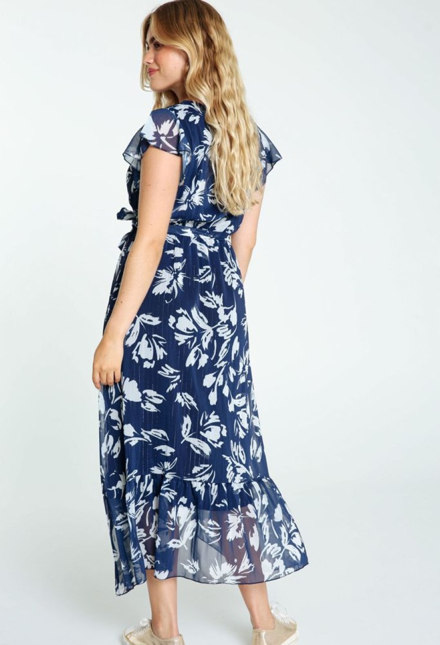 Kleding Cassis | Halflange Jurk Met Print Van Geschilderde Bloemen En Lurex Blauw/Ecru