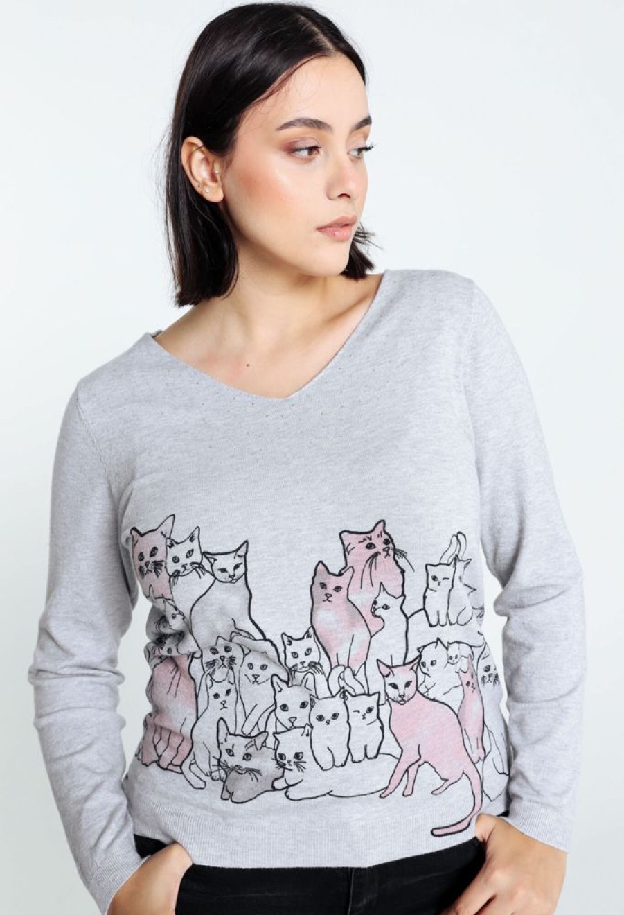 Kleding Cassis | Trui Met Kattenmotief En Pailletten Grijs