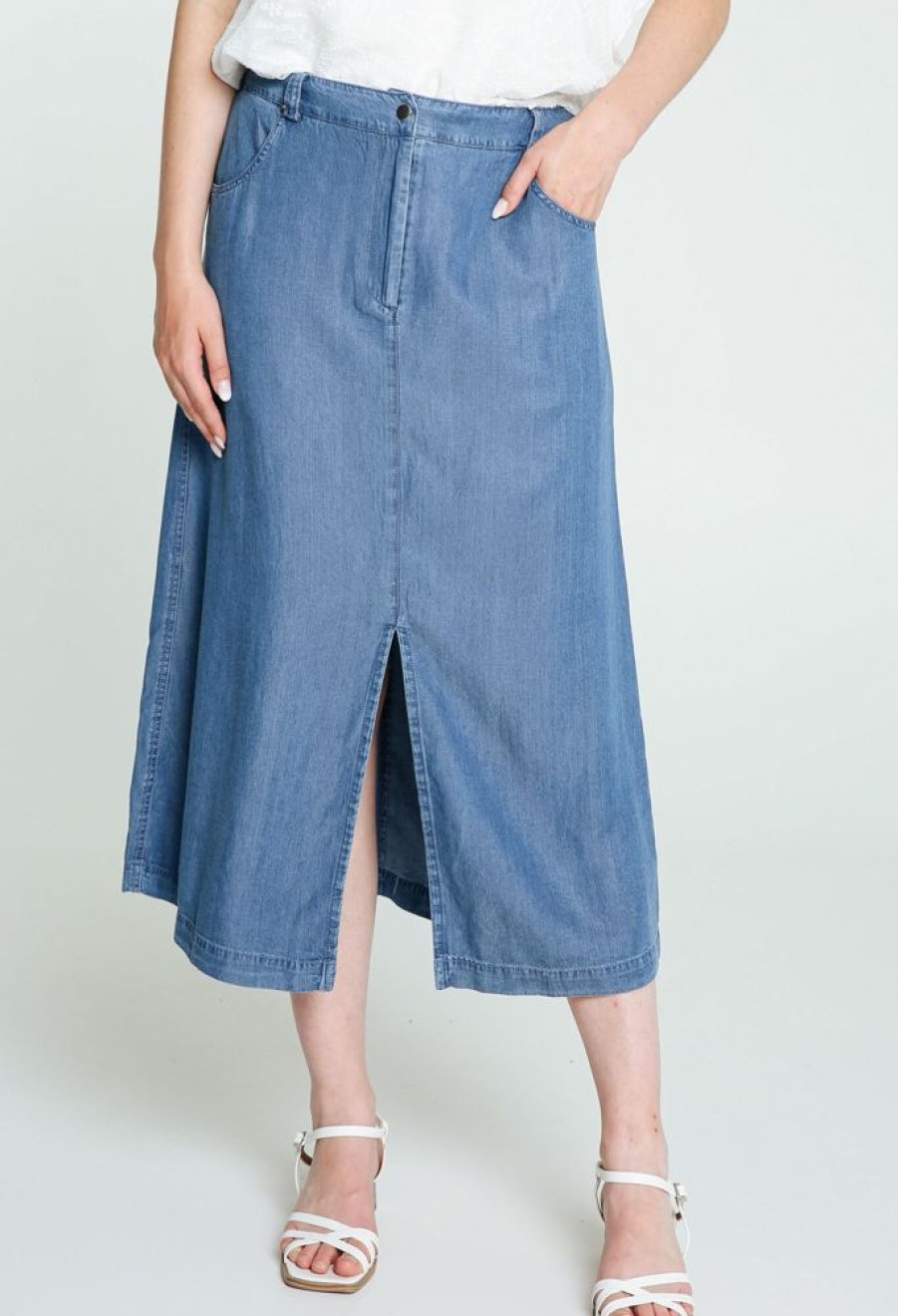 Kleding Cassis | Halflange, Effen Rok In Lyocell Met Split Licht Denim