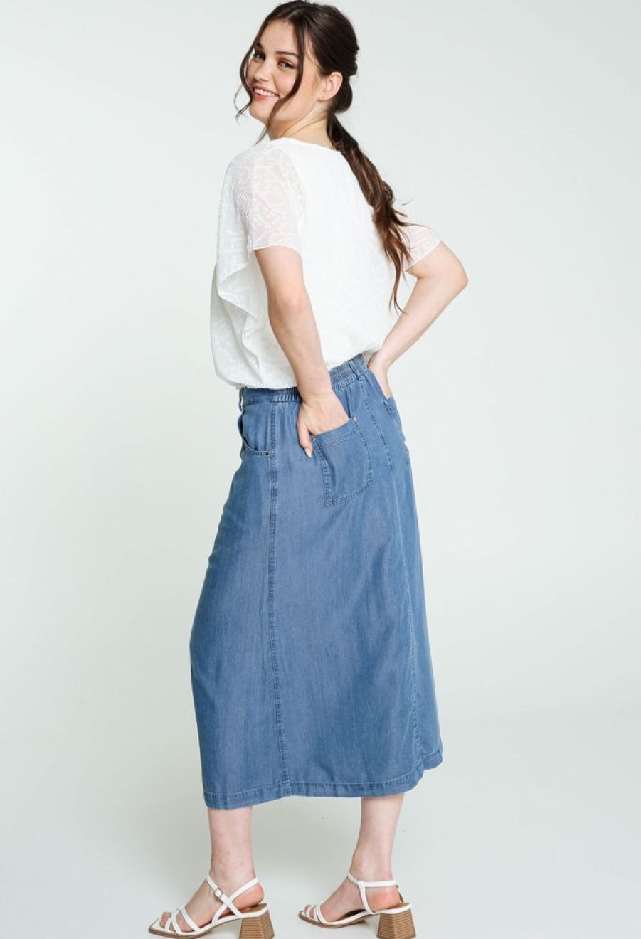 Kleding Cassis | Halflange, Effen Rok In Lyocell Met Split Licht Denim