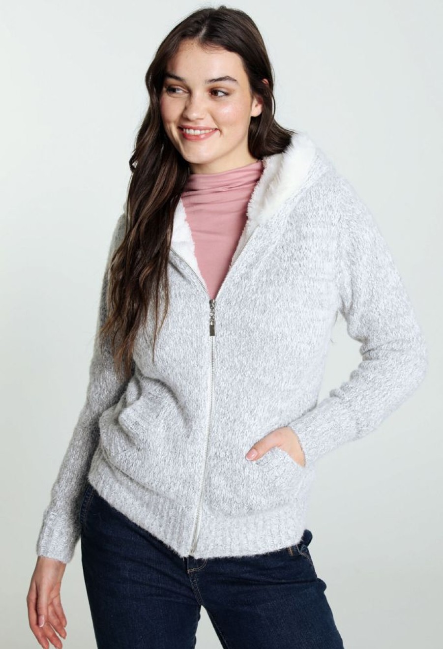 Kleding Cassis | Effen Cardigan Met Rits En Bontkap Grijs