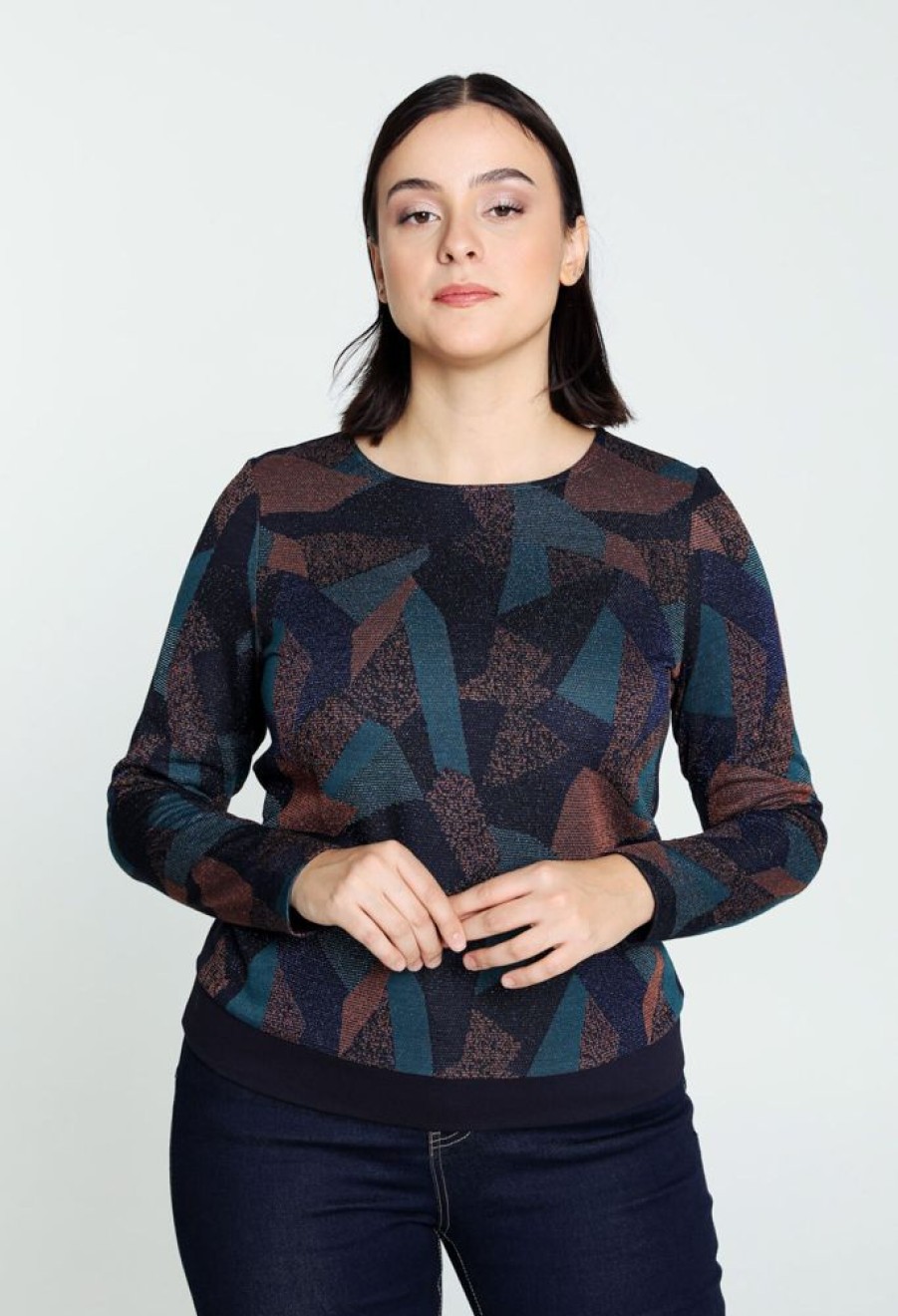 Kleding Cassis | T-Shirt In Viscose Met Geometrisch Patchwork Marineblauw