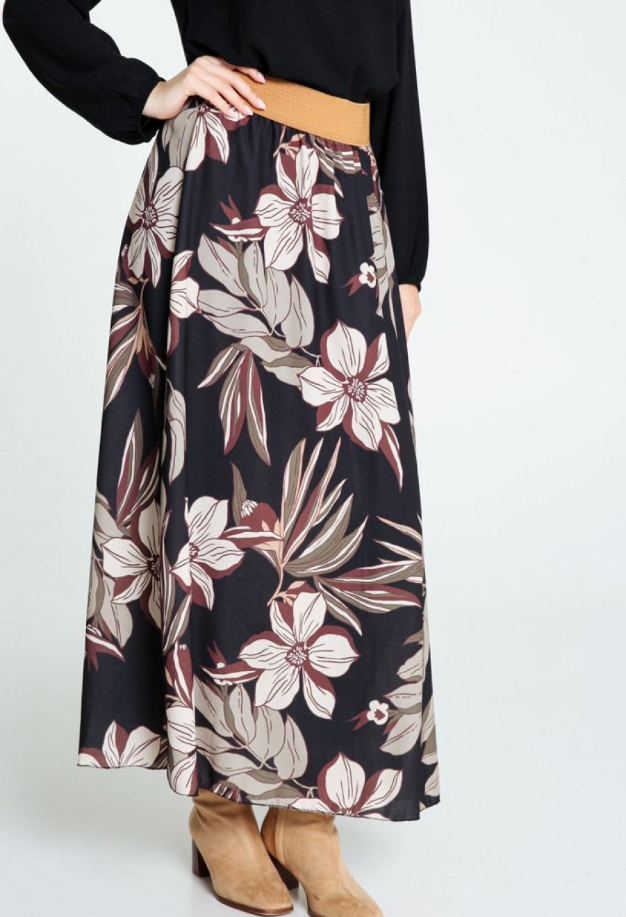 Kleding Cassis | Lange Rok Met Blad- En Bloemenmotief Zwart