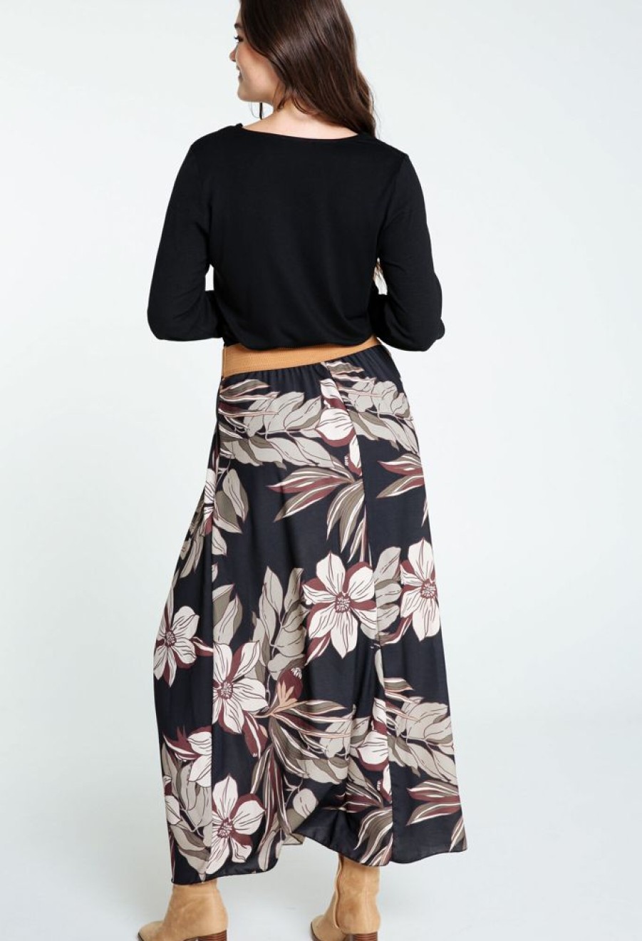 Kleding Cassis | Lange Rok Met Blad- En Bloemenmotief Zwart