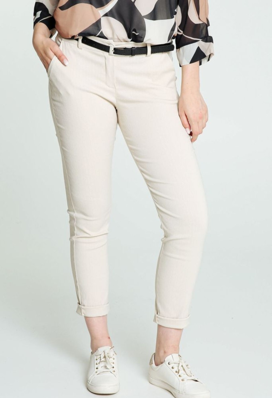 Kleding Cassis | Effen Slim Broek In Viscose Met Weefeffect En Stijve Riem Zand