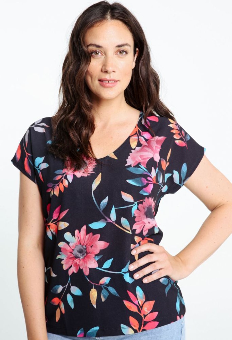 Kleding Cassis | T-Shirt Met Bloemenmotief En Kant Zwart