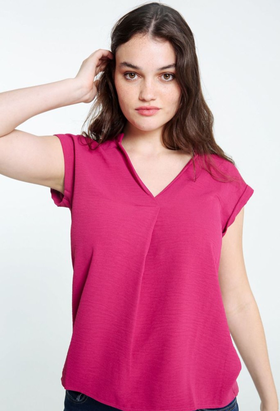 Kleding Cassis | Effen T-Shirt Met Mandarijnkraag Violet