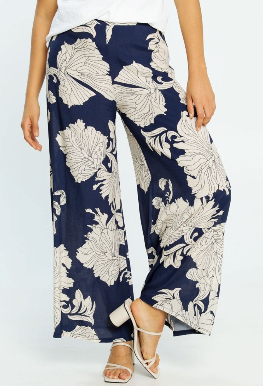 Kleding Cassis | Kick-Flare Broek In Viscose Met Japanse Bloemenprint Marineblauw