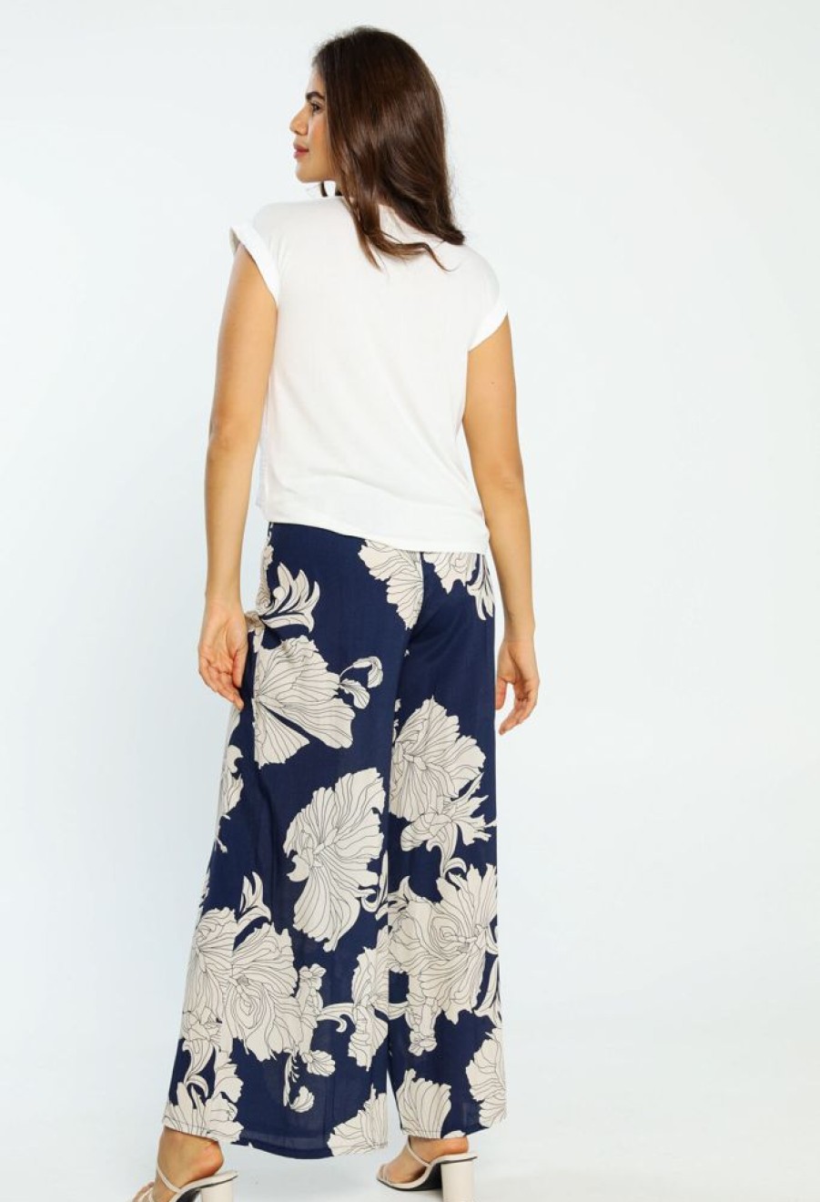 Kleding Cassis | Kick-Flare Broek In Viscose Met Japanse Bloemenprint Marineblauw