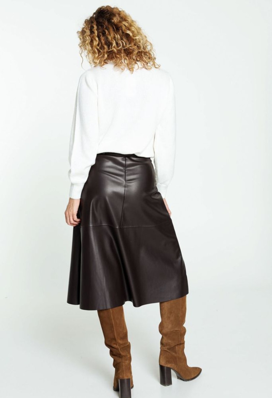 Kleding Cassis | Lange, Effen Rok Met Uitsparingen En Riem Bruin