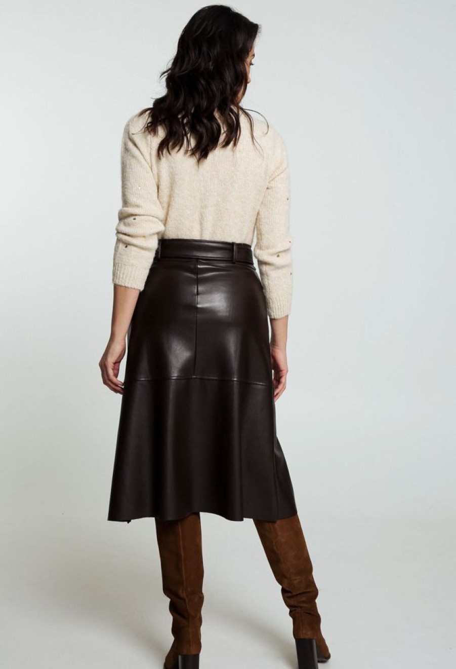 Kleding Cassis | Lange, Effen Rok Met Uitsparingen En Riem Chocolade