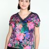 Kleding Cassis | Korte T-Shirt In Twee Stoffen Met Hawai Print En Guipure V-Hals Multicolor