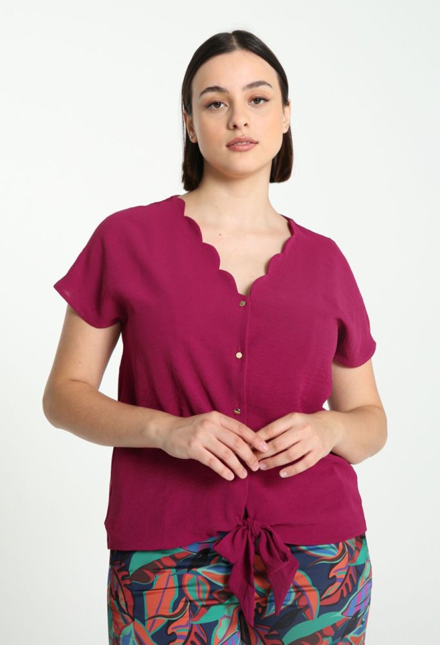 Kleding Cassis | Effen T-Shirt Met Knoop Onderaan Violet