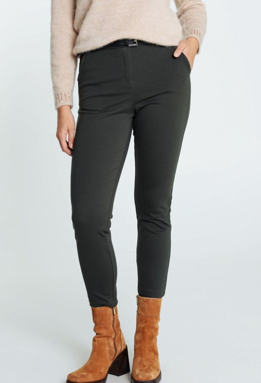 Kleding Cassis | Effen Slim Broek In Viscose Met Riem Kaki