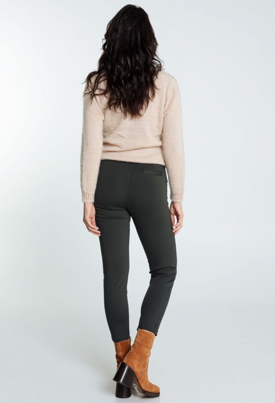 Kleding Cassis | Effen Slim Broek In Viscose Met Riem Kaki