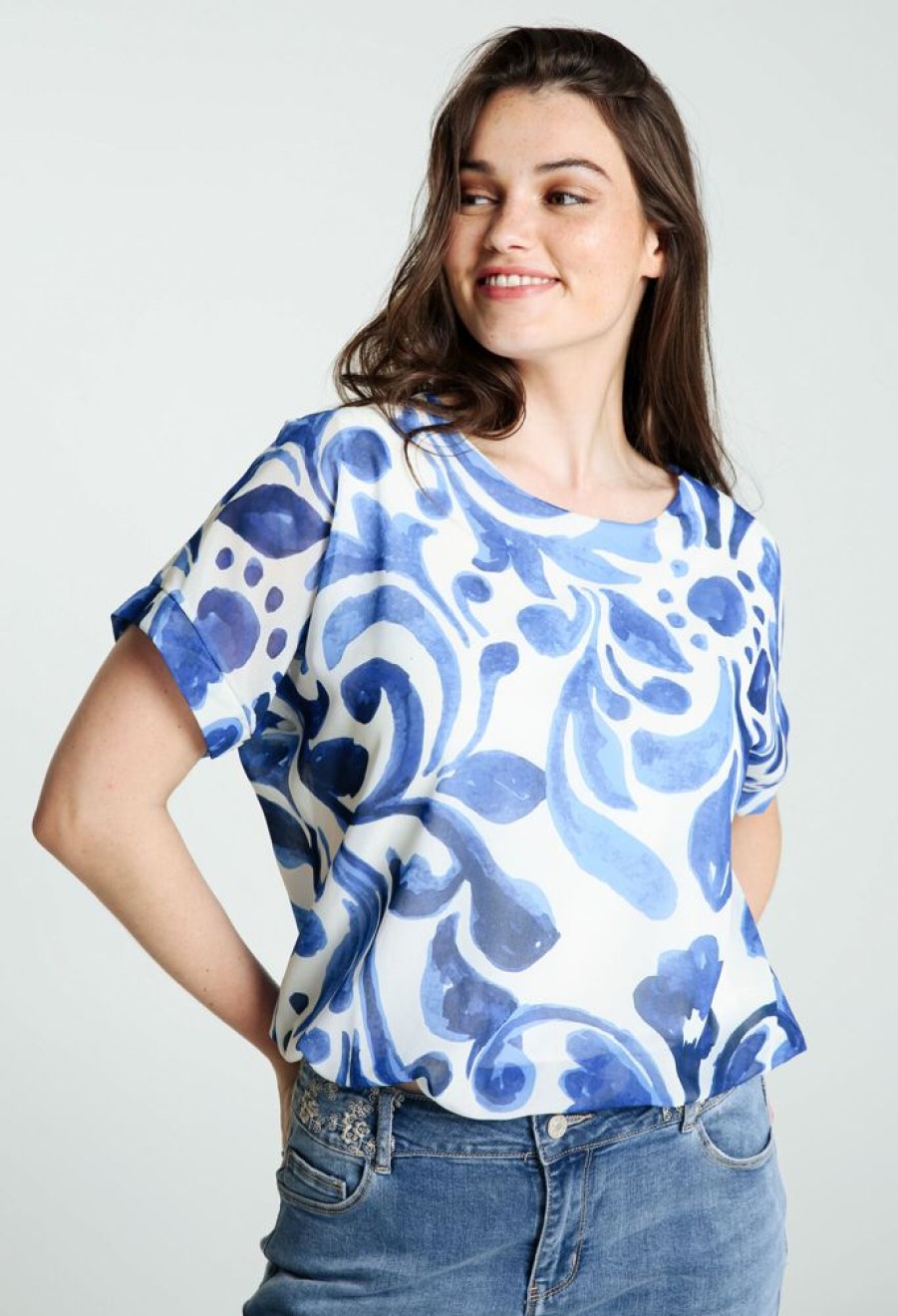 Kleding Cassis | Blouse Met Arabeskmotief En Balbodem Blauw