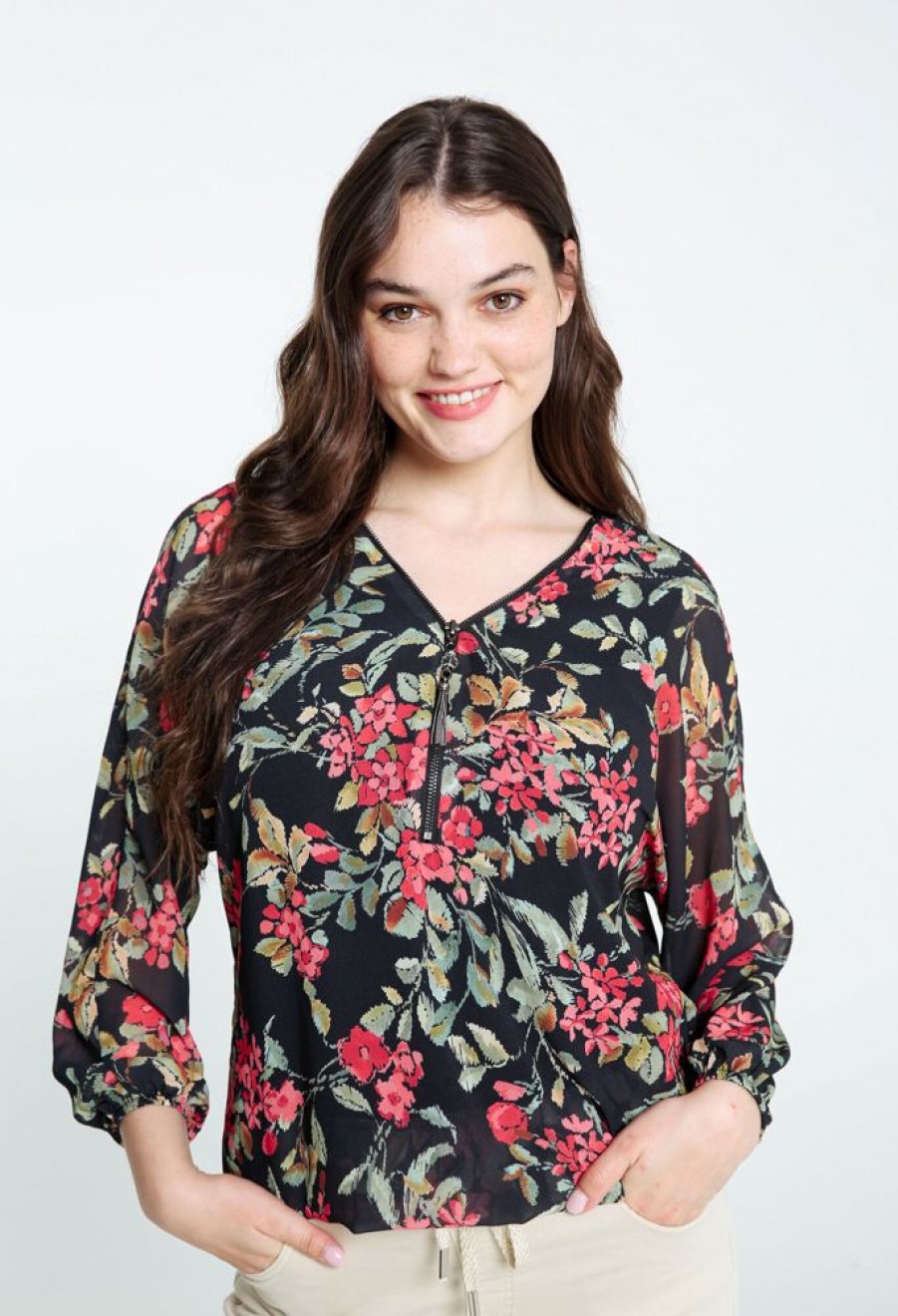 Kleding Cassis | Los Blouse Met Bloemenmotief En Decoratieve Rits Zwart