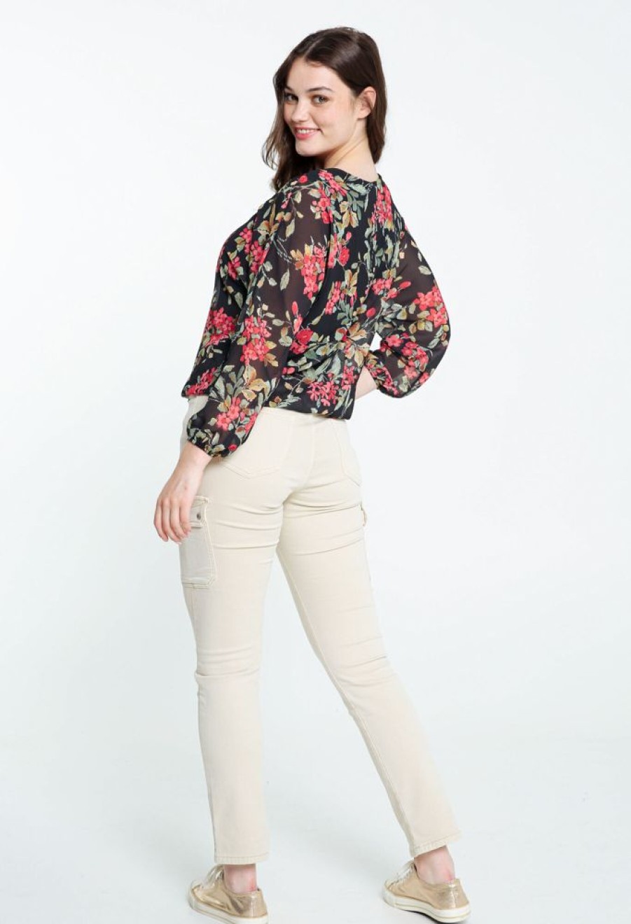 Kleding Cassis | Los Blouse Met Bloemenmotief En Decoratieve Rits Zwart