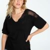 Kleding Cassis | Effen T-Shirt Met Kanten, Transparant Detail Zwart