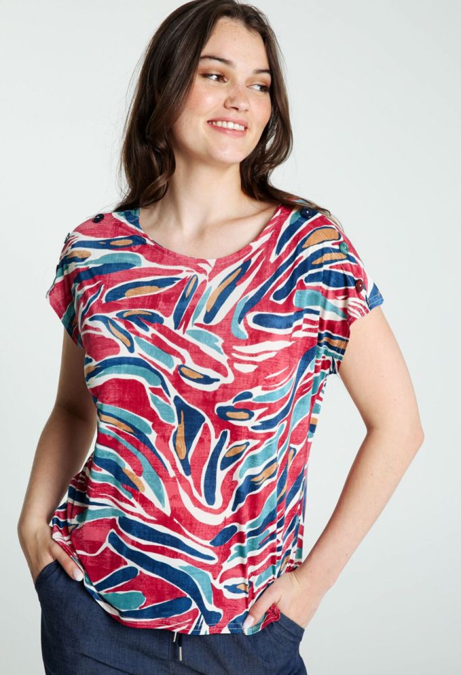 Kleding Cassis | T-Shirt Met Abstracte Print En Decoratieve Knopen Rood