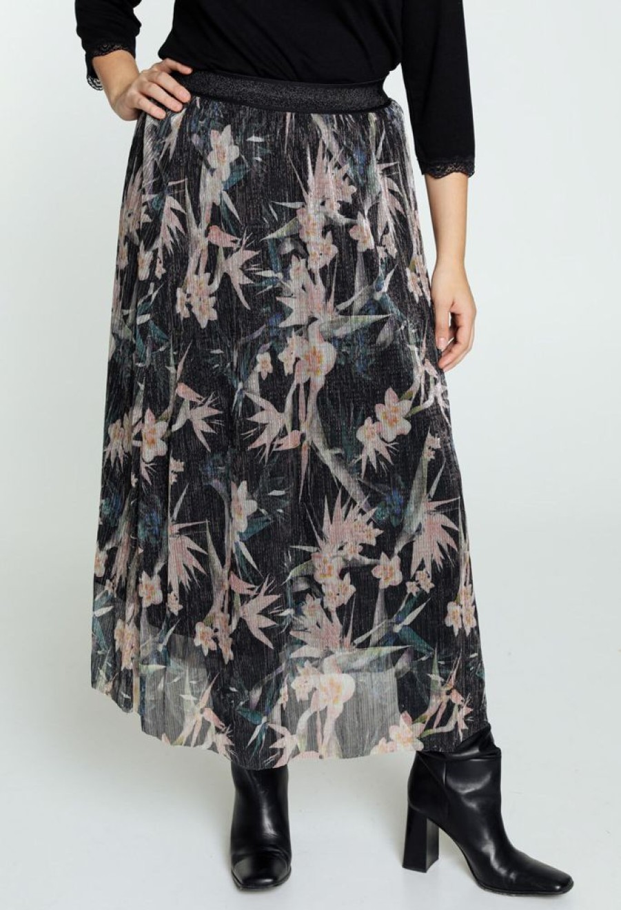 Kleding Cassis | Lange Rok Met Bloemenmotief En Lurex Zwart