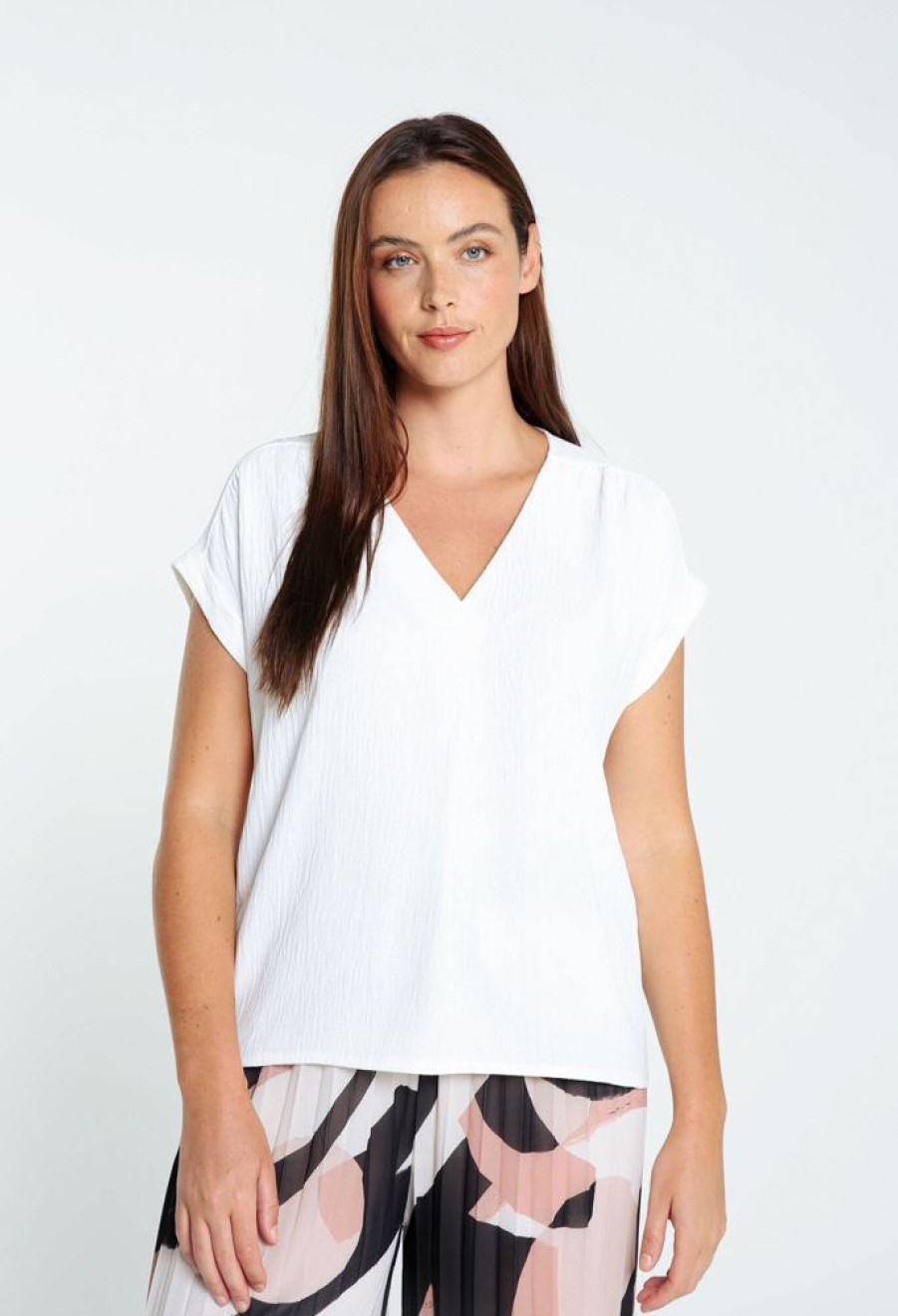 Kleding Cassis | Effen T-Shirt Met Plooieffect Ecru