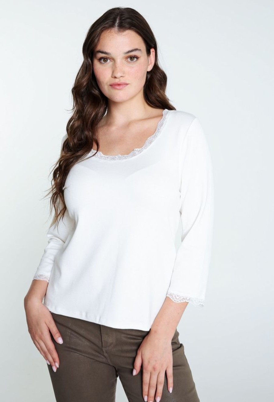 Kleding Cassis | Effen T-Shirt In Viscose Met Ronde, Kanten Kraag Ecru