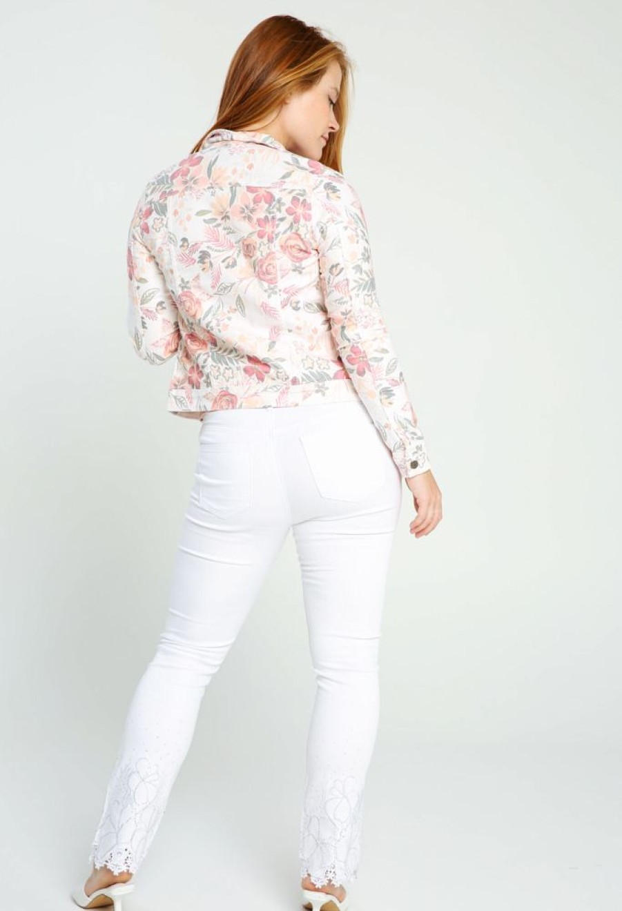 Kleding Cassis | Kort Jeansjasje Met Pastelkleurige Bloemenprint Abrikoos