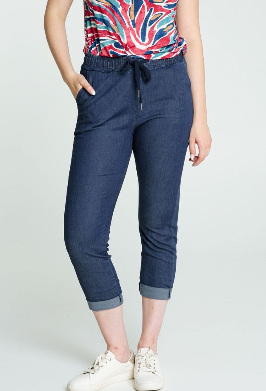 Kleding Cassis | Effen Slim Broek Met Elastische Taille En Trekkoord Denim