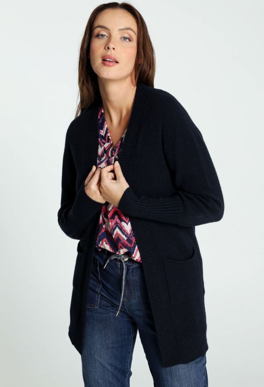 Kleding Cassis | Lange, Effen Cardigan In Viscose Met Sjaalkraag En Zakken Marineblauw