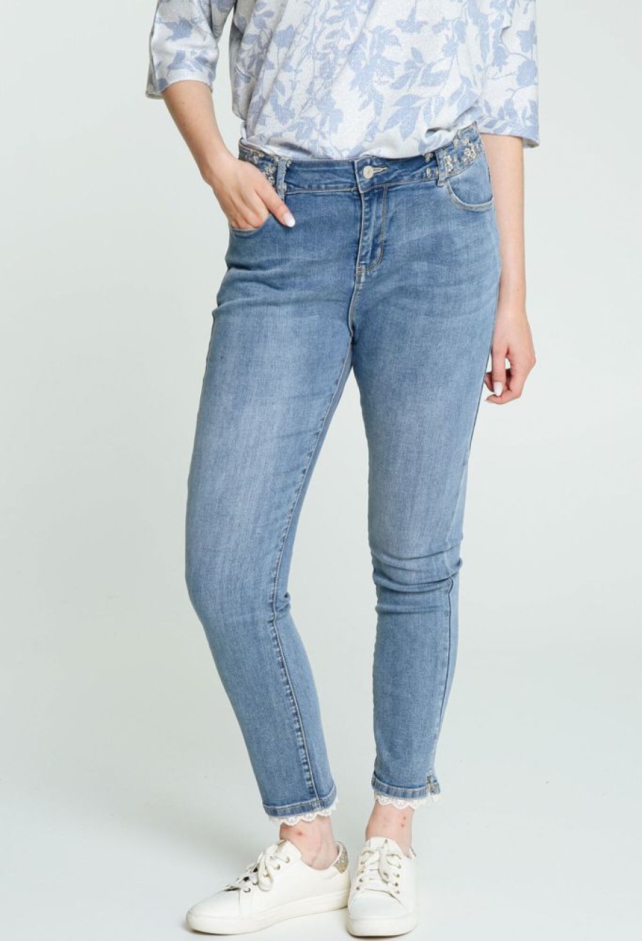 Kleding Cassis | Effen Slim Broek Met 5 Zakken En Geborduurd Riemdetail Denim