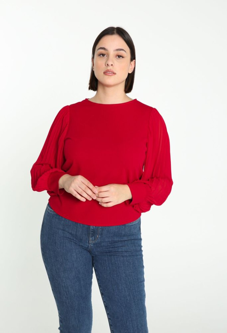 Kleding Cassis | Effen T-Shirt Met Lange Plissemouwen Rood