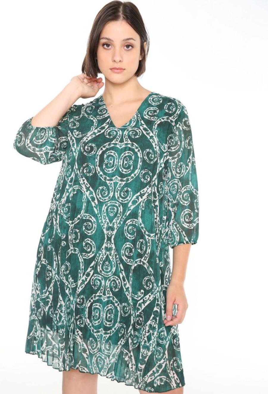 Kleding Cassis | Korte Plissejurk Met Grafische Print Emerald Groen